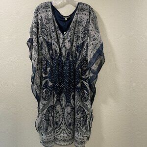 SPEED LIMIT Lined Woven Sheer Short Sleeve Caftan Navy/White Paisley Women 2X